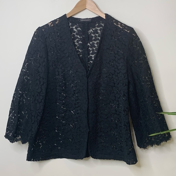 Tahari | Black Floral Embroidered Lace Sheer V-Neck Cardigan Jacket M - Picture 1 of 16